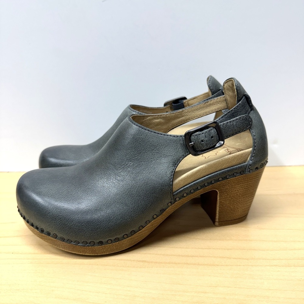 Dansko Sassy Leather Clogs Slate Gray Size EU 36 US 5.5-6 Open Sides Block Heel